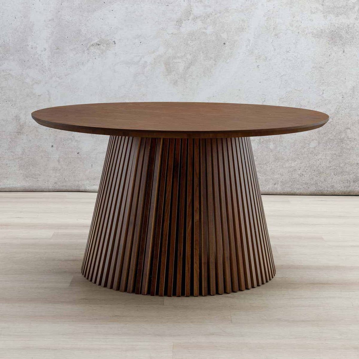Camden round walnut dining table with tapered tambour slat pedestal base. | dining tables, 4 seater dining table, wood dining table