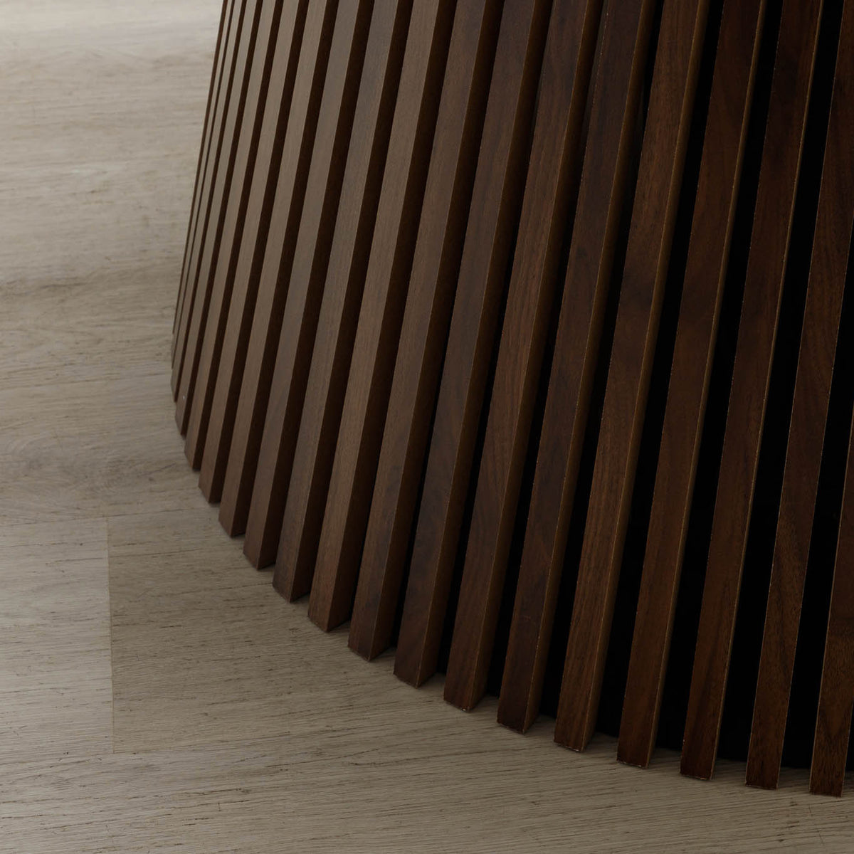 Detail of vertical tambour slats on Camden walnut dining table's pedestal base. | dining room table, round dining table, pedestal dining table, wood dining table