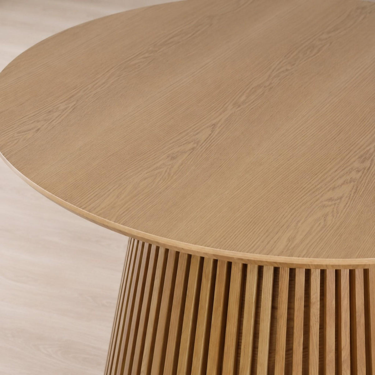 Close up view of the Camden Dining Table in natural. | dining tables, round dining table, wood dining table, 6 seater dining table, dining tables for sale