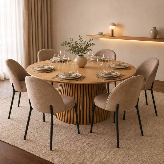 Gallery Everyday Camden Dining Table in Natural, 1.5m 4 Seater, featuring a round wooden top and fluted pedestal base.