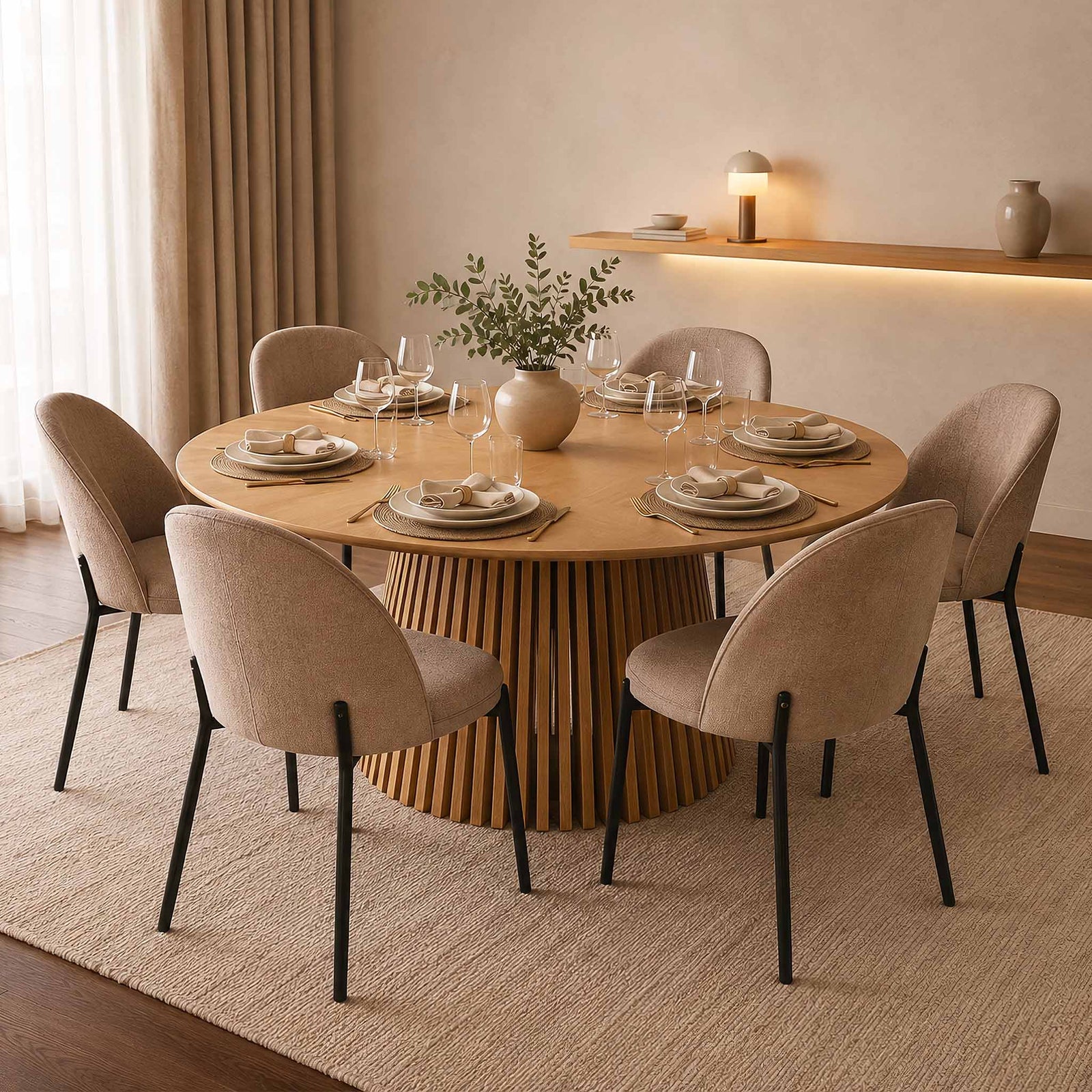 Gallery Everyday Camden Dining Table in Natural, 1.5m 4 Seater, featuring a round wooden top and fluted pedestal base.