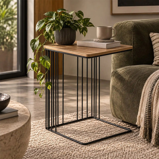 Gallery Everyday Camila Side Table in Natural, featuring a wooden top and black metal legs.