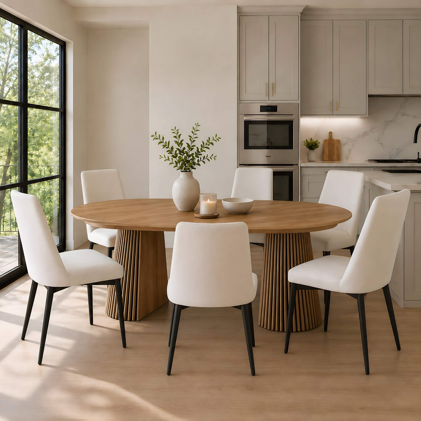 Gallery Everyday Campbell 1.2m 6 Seater Extension Dining Table in Natural, with fluted pedestal bases and six upholstered chairs.
