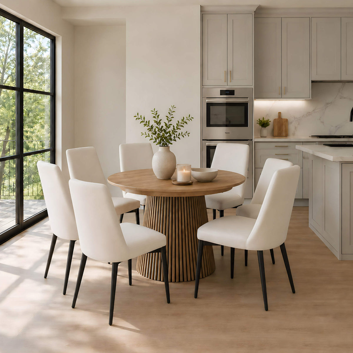 Gallery Everyday Campbell 1.2m 6 Seater Extension Dining Table in Natural, styled with six upholstered dining chairs in a bright modern kitchen.