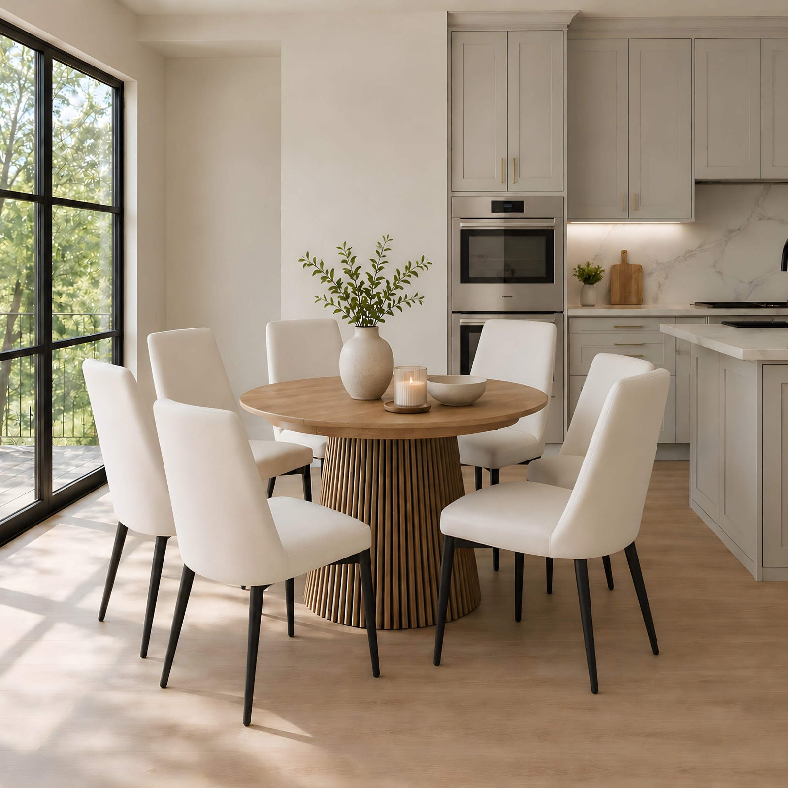 Gallery Everyday Campbell 1.2m 6 Seater Extension Dining Table in Natural, styled with six upholstered dining chairs in a bright modern kitchen.