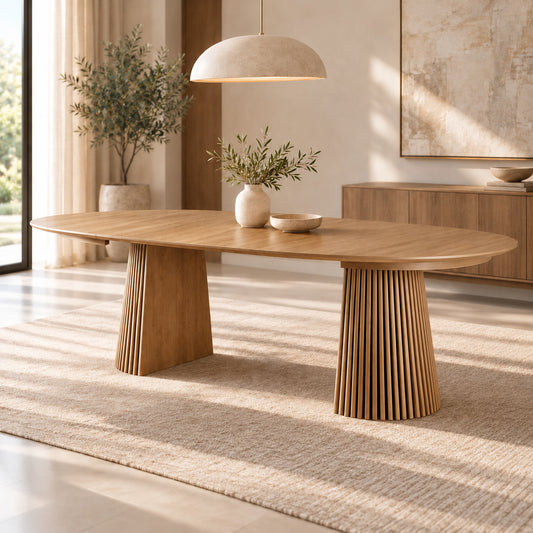 Gallery Everyday Campbell 1.2m 6 Seater Extension Dining Table in Natural, with fluted pedestal bases and six upholstered chairs.