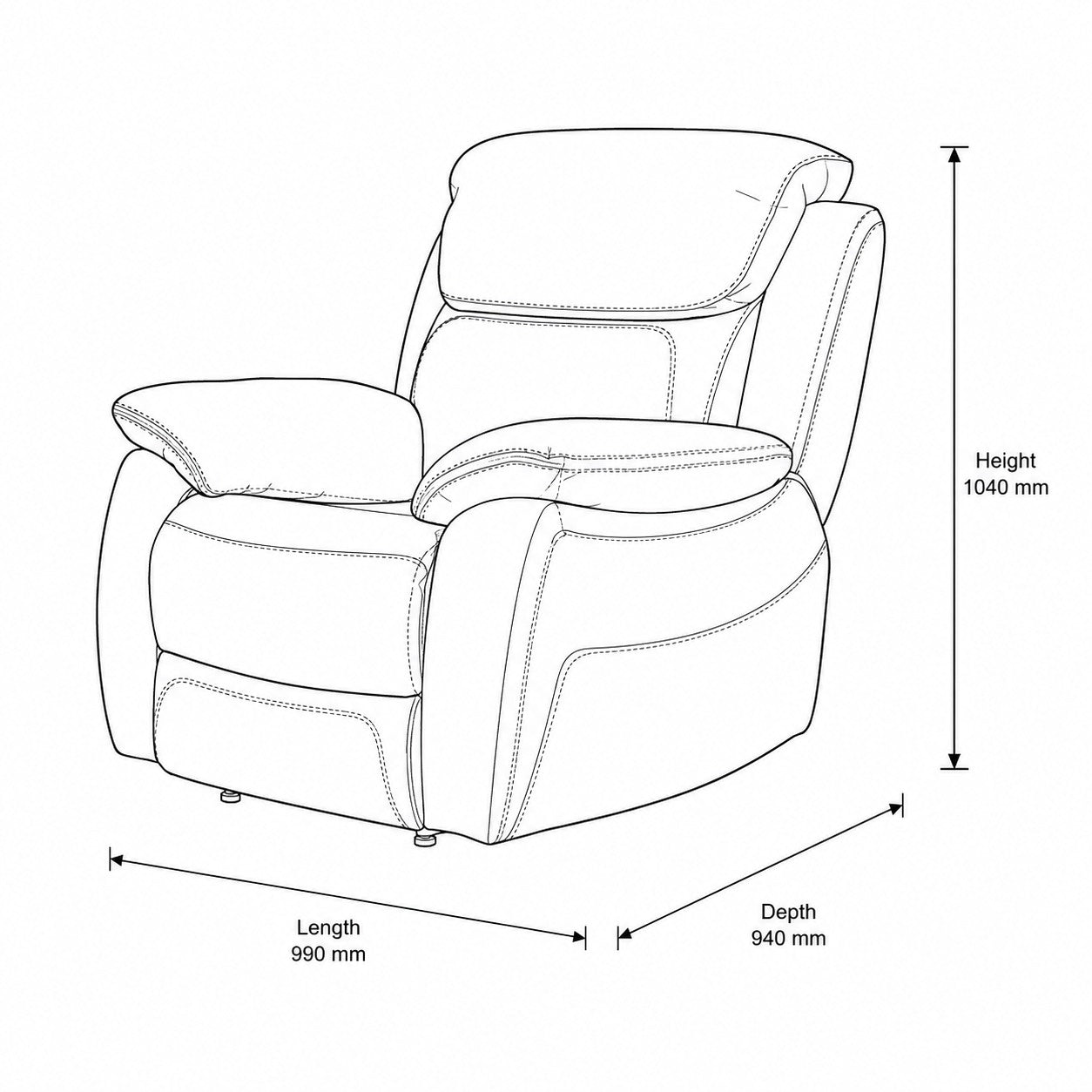 Measurement chart for Capri 1 Seater Leather Recliner Chair Black - Warehouse Clearance