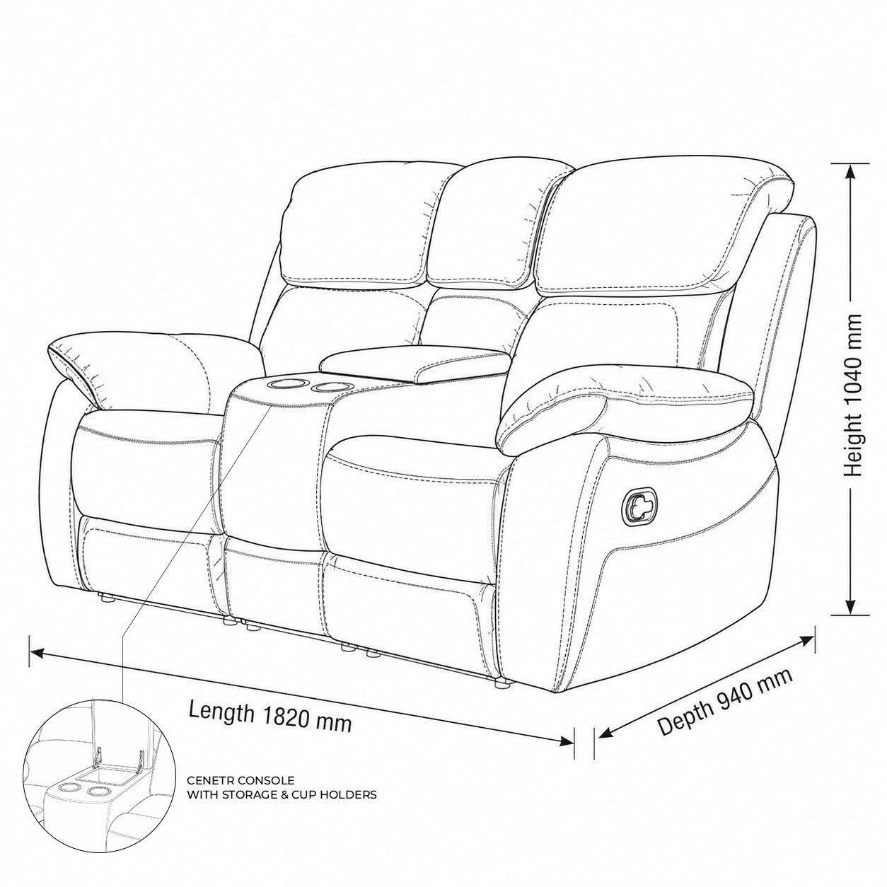 Measurement chart for Capri 2 Seater Leather Home Theatre Recliner