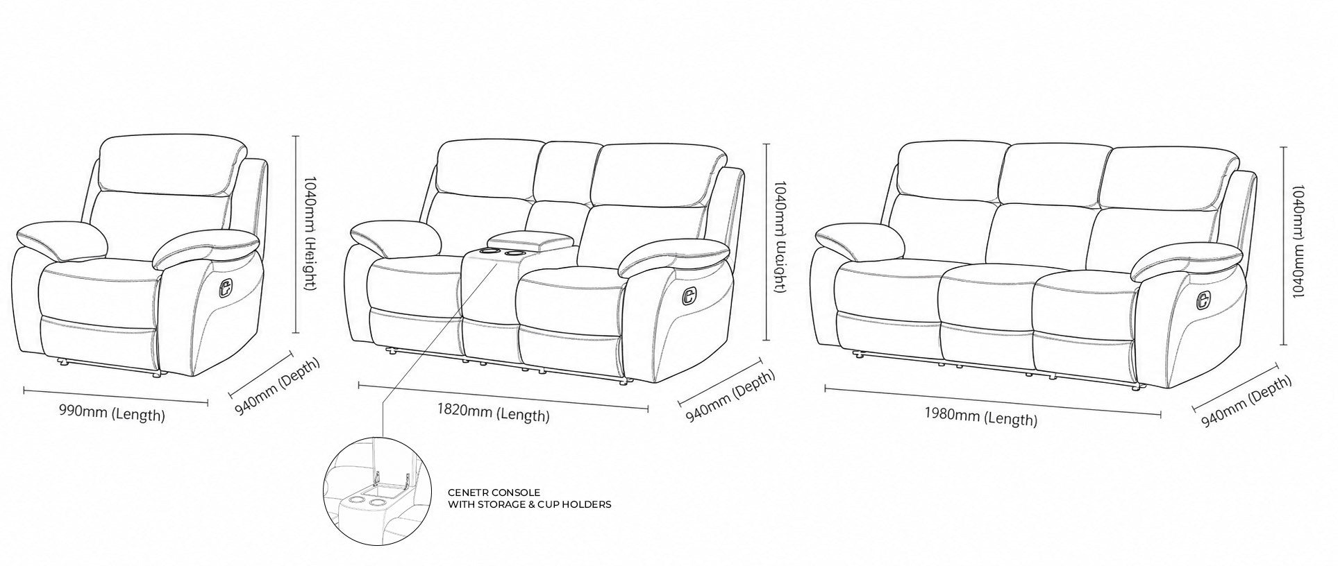 Measurement chart for Capri 3+2+1 Leather Recliner Home Theatre - Warehouse Clearance