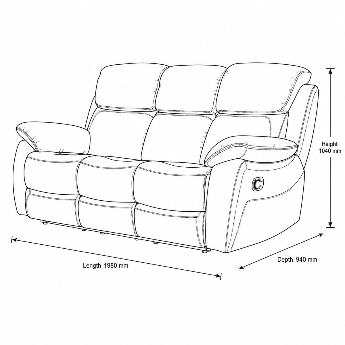 Capri 3 Seater Leather Black Recliner - Warehouse Clearance