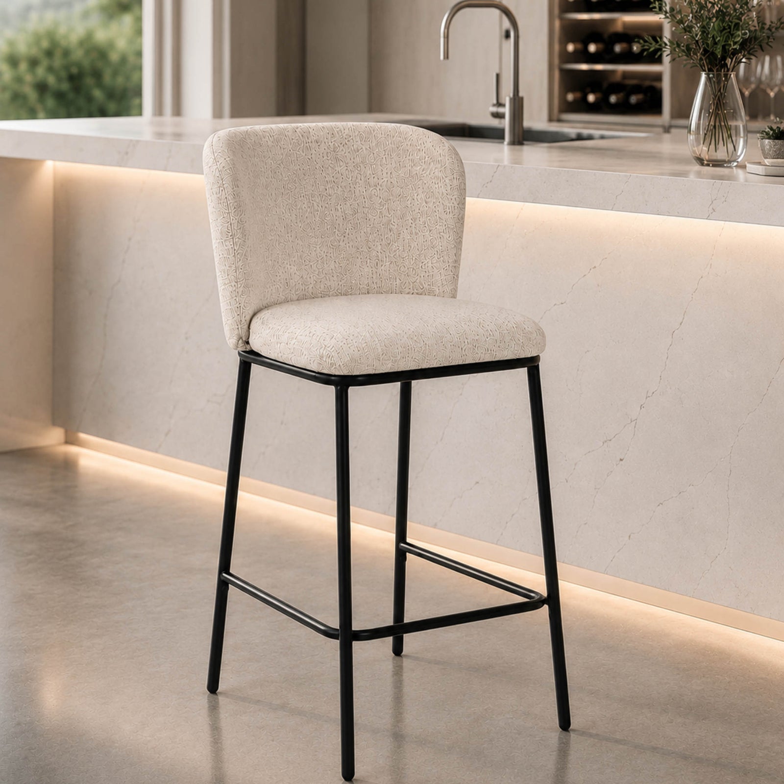 Leather Gallery Carl Bar Chair in Beige, featuring a textured upholstered seat and backrest with a slim black metal frame.