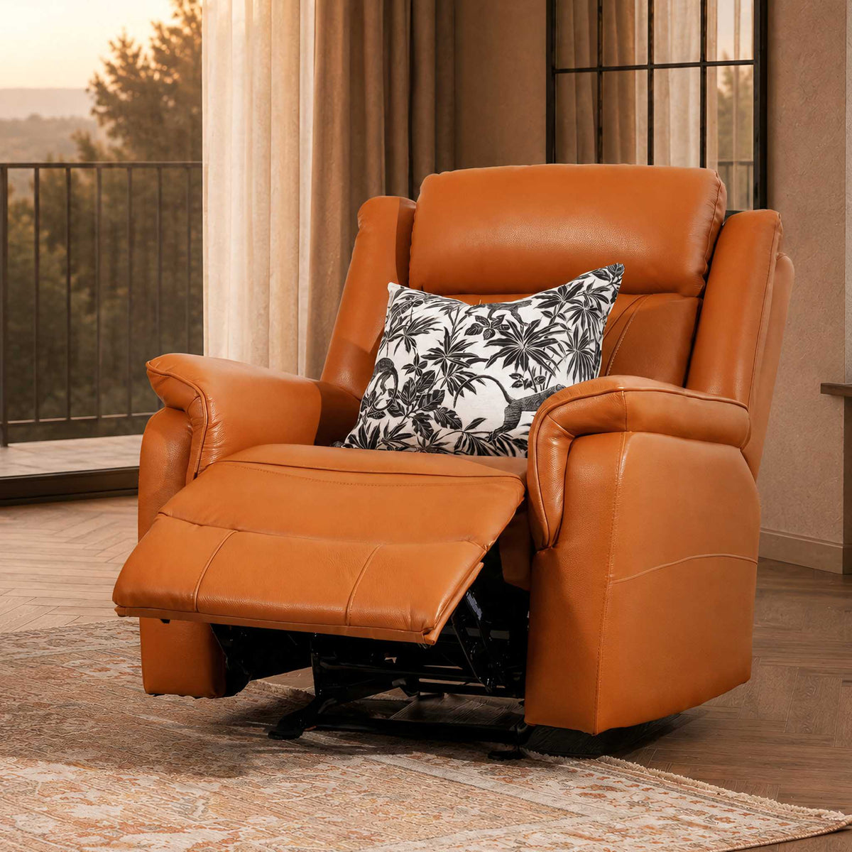 Leather Gallery Carter 1 Seater Leather Recliner Chair in Tan, shown with the footrest extended and a palm-patterned cushion.