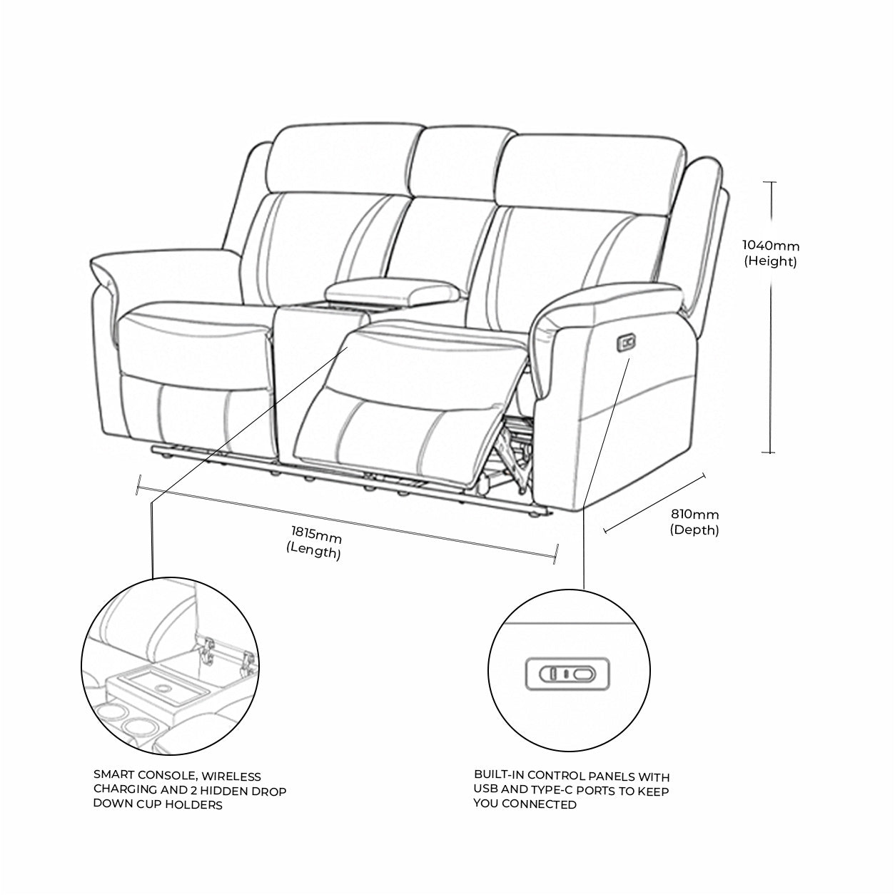 Measurement chart for Carter 2 Seater Home Theatre Leather Recliner