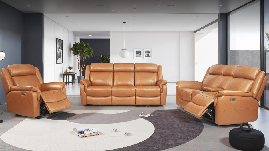 Carter 3-piece leather home theatre suite in Tan, featuring plush seats with power recliners, built-in USB ports, wireless charging, and a sleek centre console with cup holders and storage. Tan