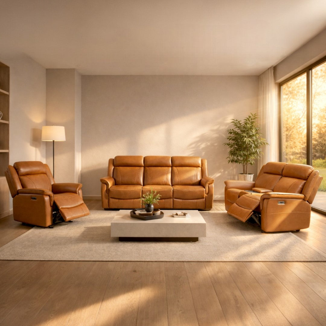 Carter 3+2+1 Leather Home Theatre Recliner Suite in Tan | Home theatre recliners, leather recliners, recliner couches, 2 seater recliner couch, single recliner chair 