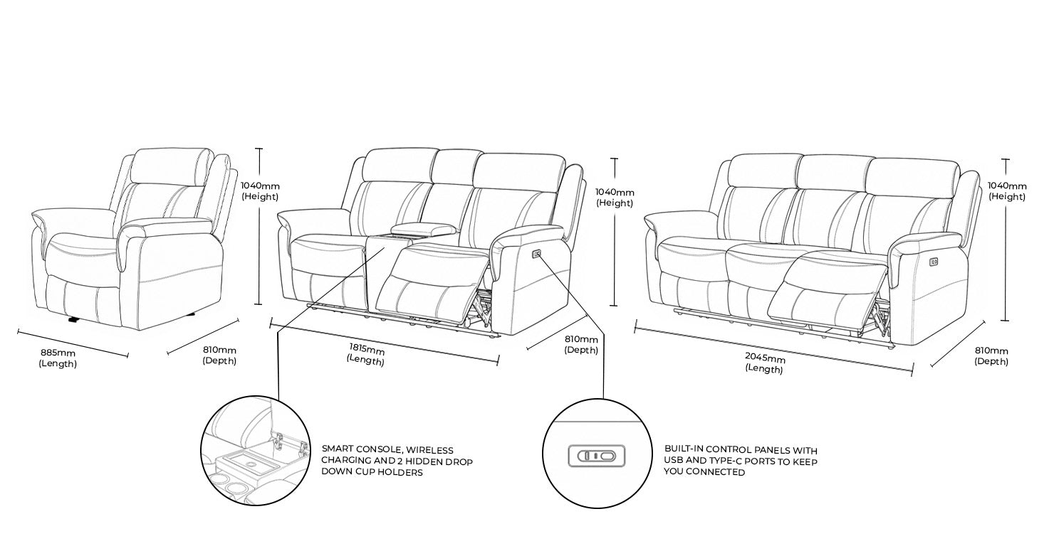 Measurement chart for Carter 3+2+1 Leather Recliner Home Theatre Suite