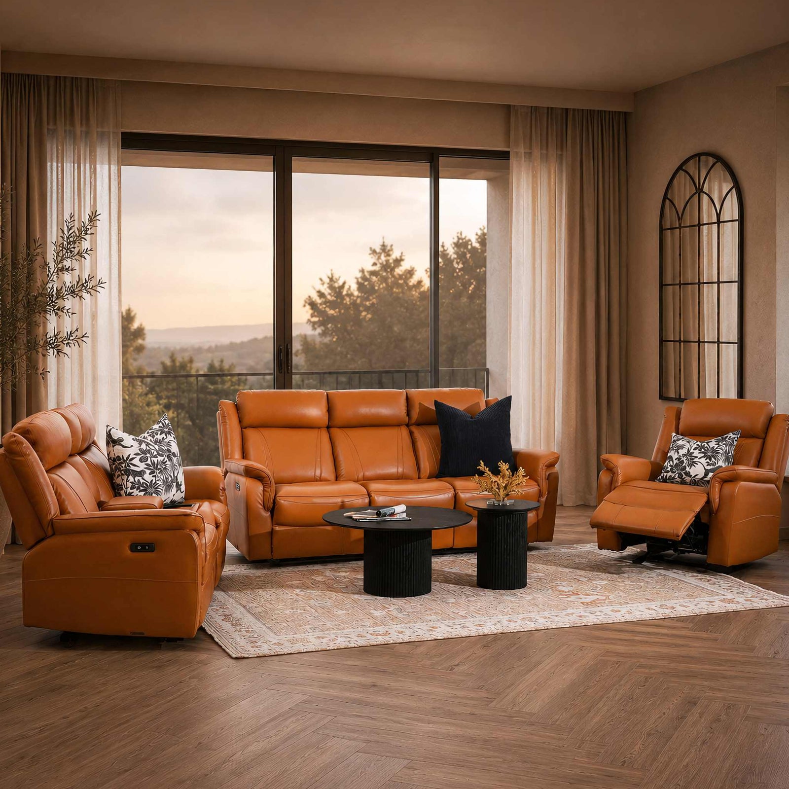 Leather Gallery Carter 3+2+1 Leather Recliner Suite in Tan, featuring matching 3 seater, 2 seater with console, and 1 seater recliners.