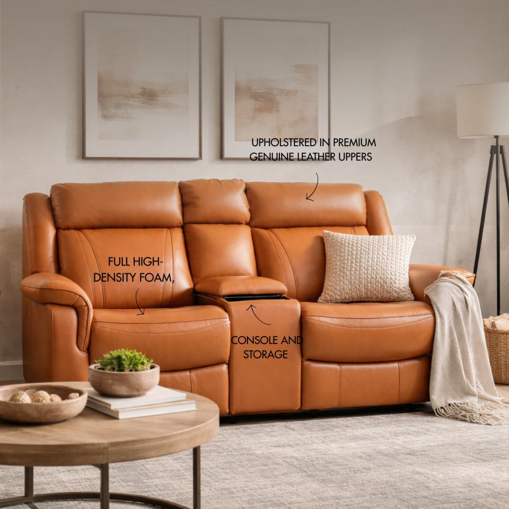 Carter leather two-seater home theatre recliner couch in tan. Comfortable leather recliner for living room or home theatre recliners in South Africa.