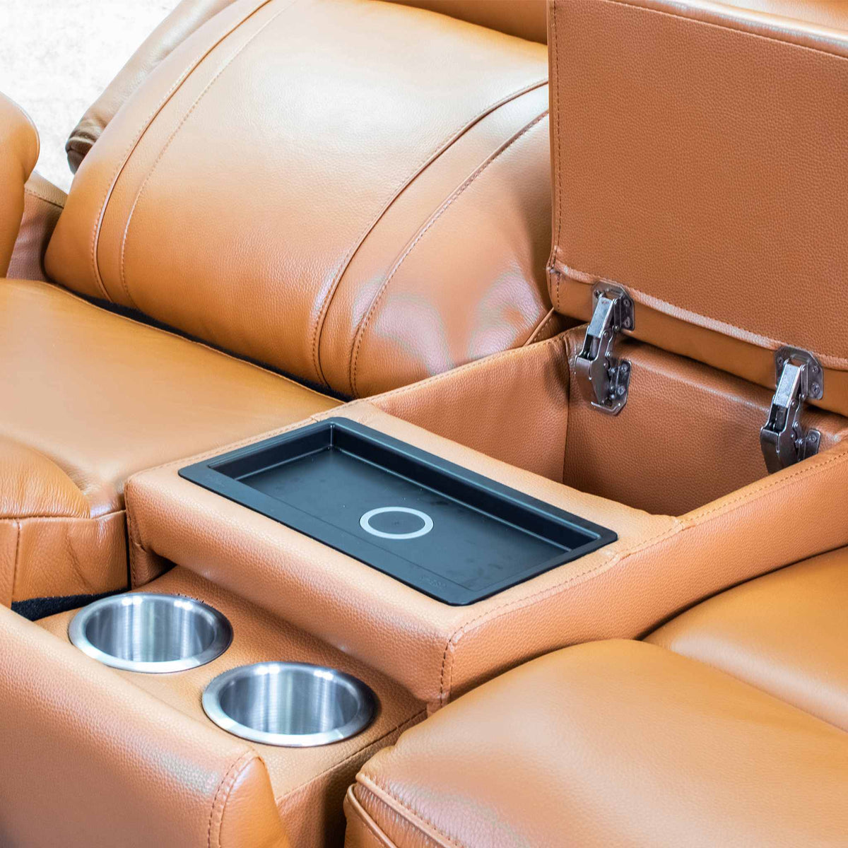 Carter leather two-seater home theatre recliner couch in tan. Comfortable leather recliner for living room or home theatre recliners in South Africa.