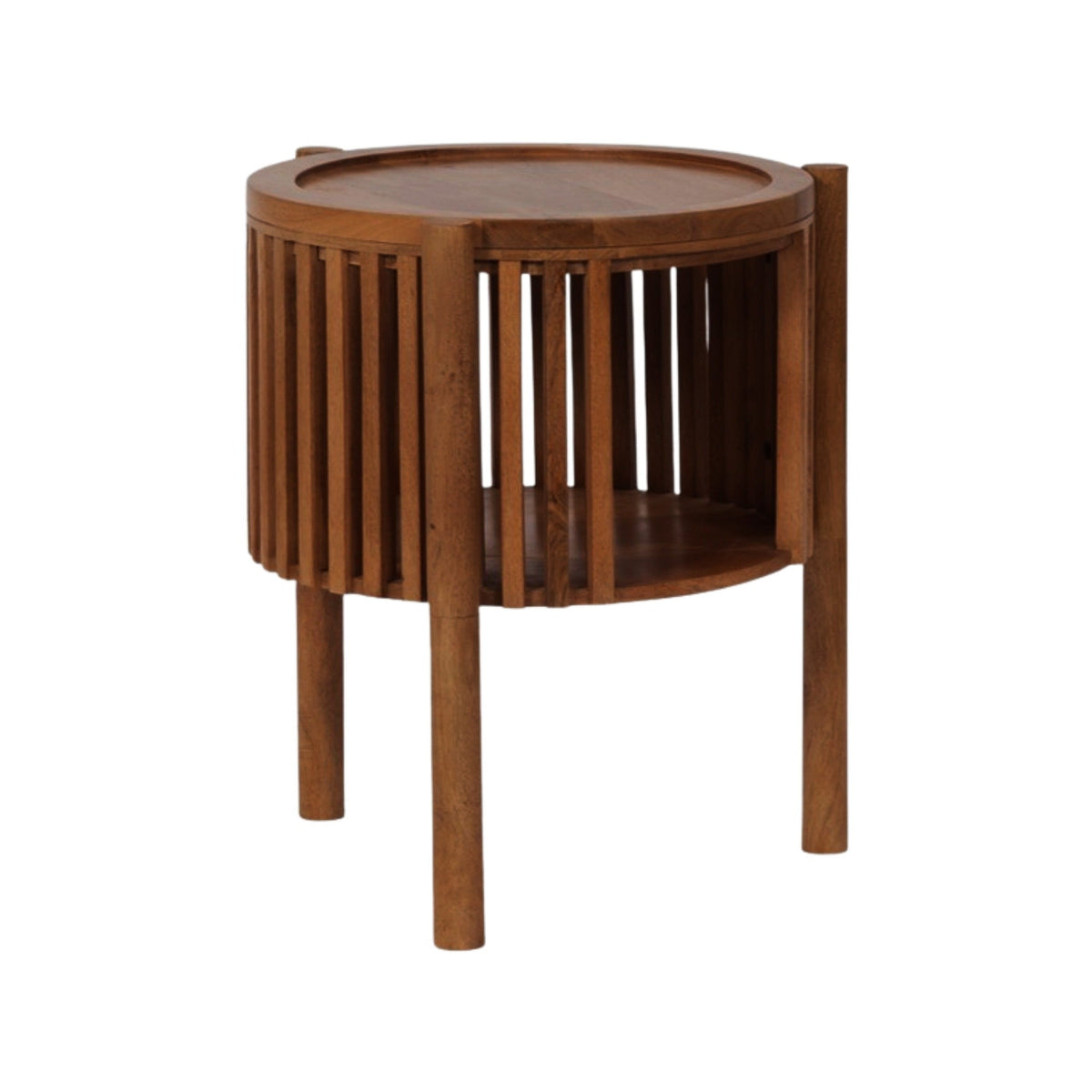 A contemporary round wood side table featuring a vertical slatted base and an open internal storage shelf.