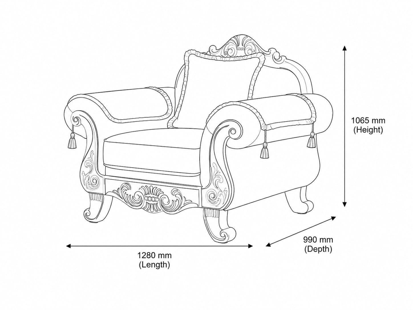 Measurement chart for Chanelle 1 Seater Fabric Couch