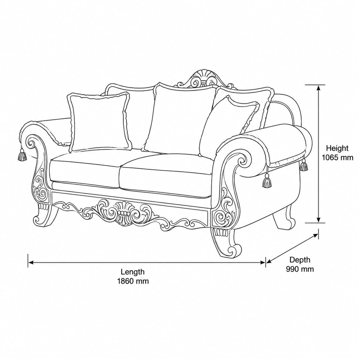 Measurement chart for Chanelle 2 Seater Fabric Couch