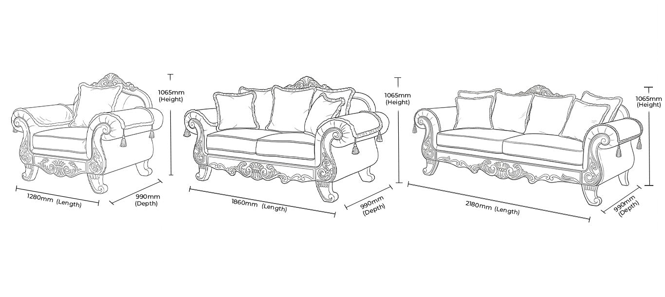 Measurement chart for Chanelle 3+2+1 Fabric Lounge Suite
