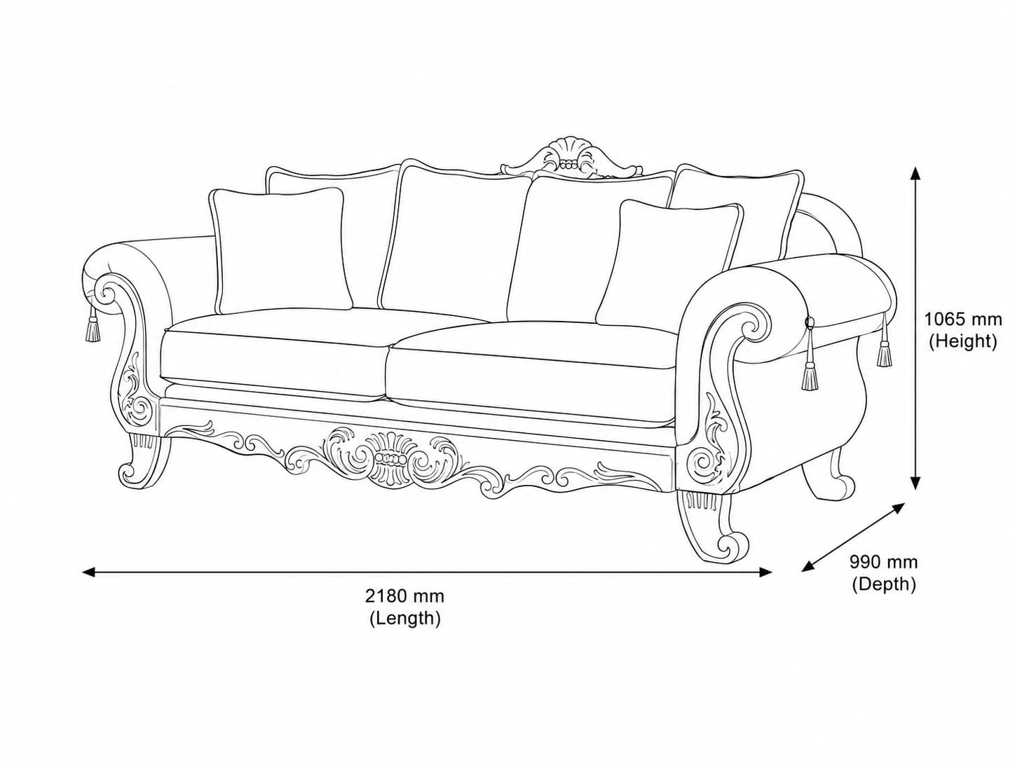 Measurement chart for Chanelle 3 Seater Fabric Couch