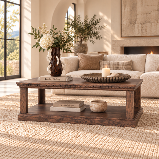Charleston Coffee Table in Antique Dark Oak shown in a rustic lounge setting | Coffee tables, coffee tables for sale, wood coffee table 