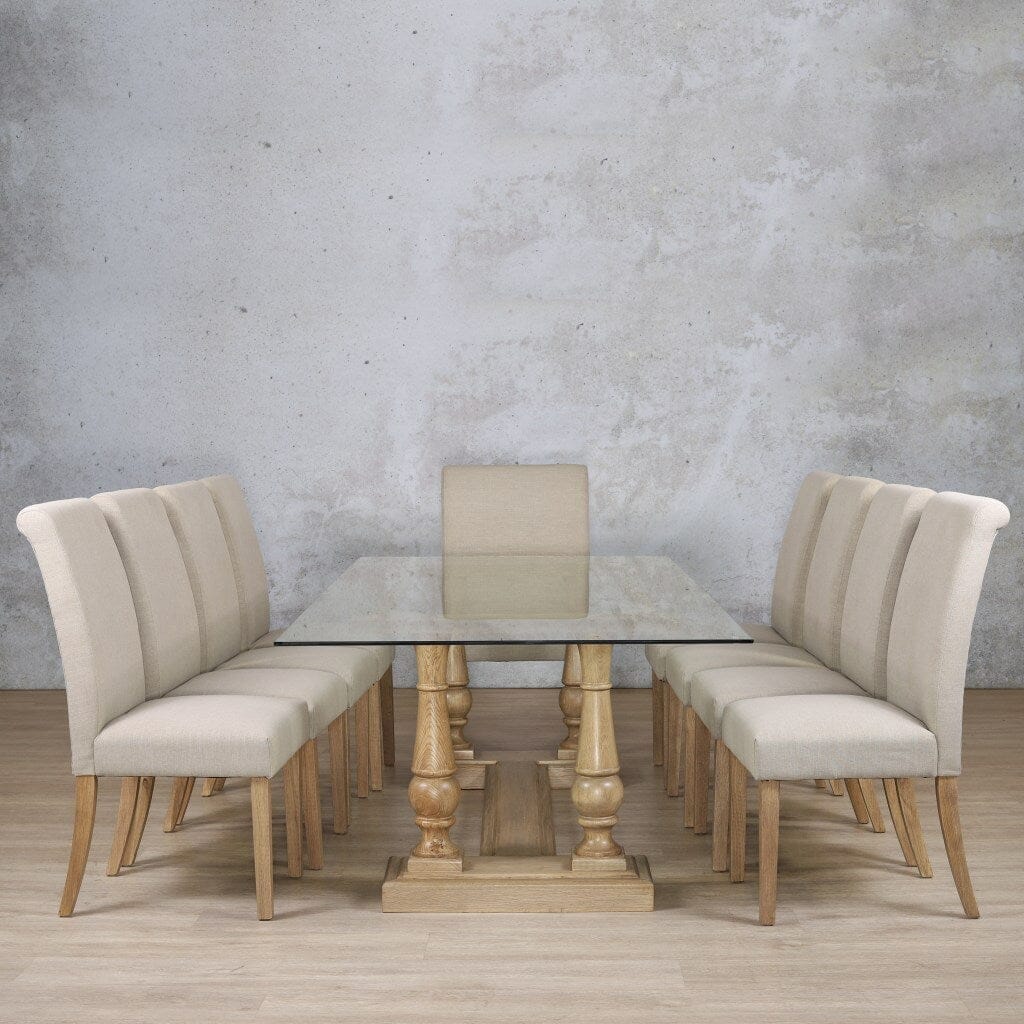 Charlotte Glass Top & Baron 10 Seater Dining Set Dining room set Leather Gallery Antique Natural Oak