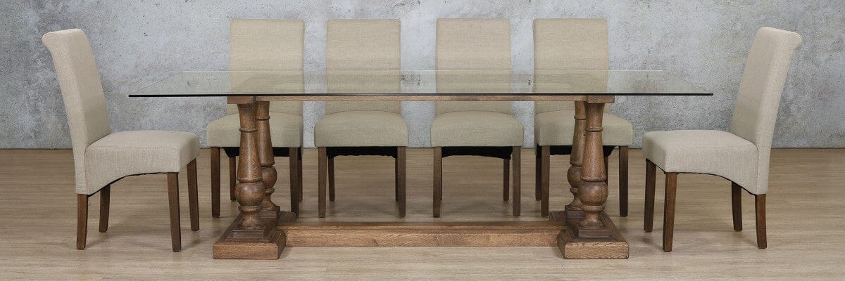 Charlotte Glass Top & Windsor 10 Seater Dining Set Dining room set Leather Gallery Antique Dark Oak