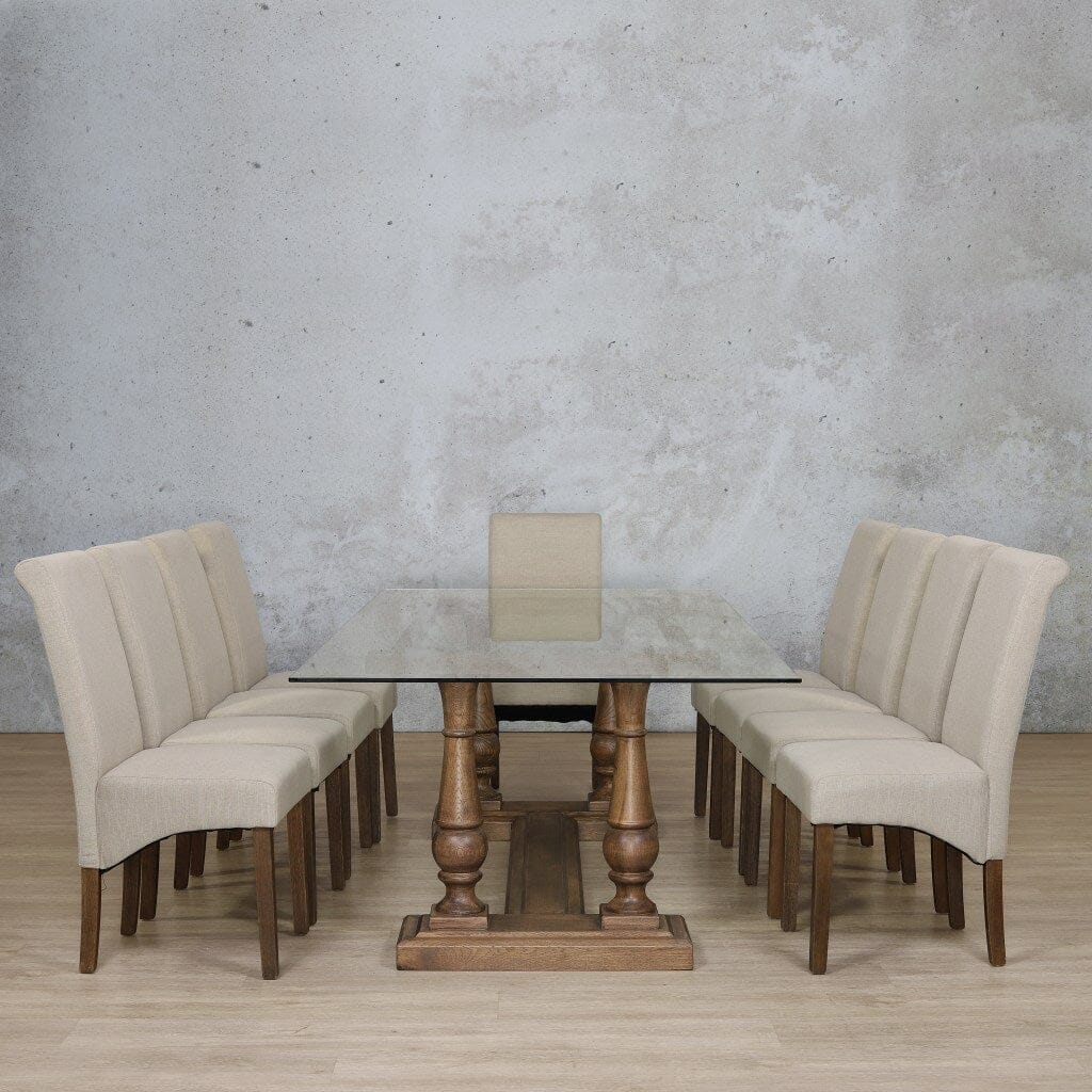 Charlotte Glass Top & Windsor 10 Seater Dining Set Dining room set Leather Gallery Antique Dark Oak