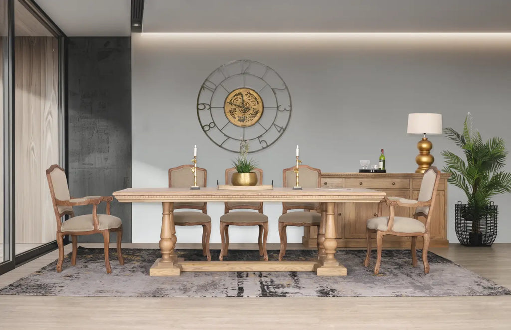Add timeless elegance to your dining space with the Charlotte Fluted Wood Top & Duke 8-Seater Dining Set. 