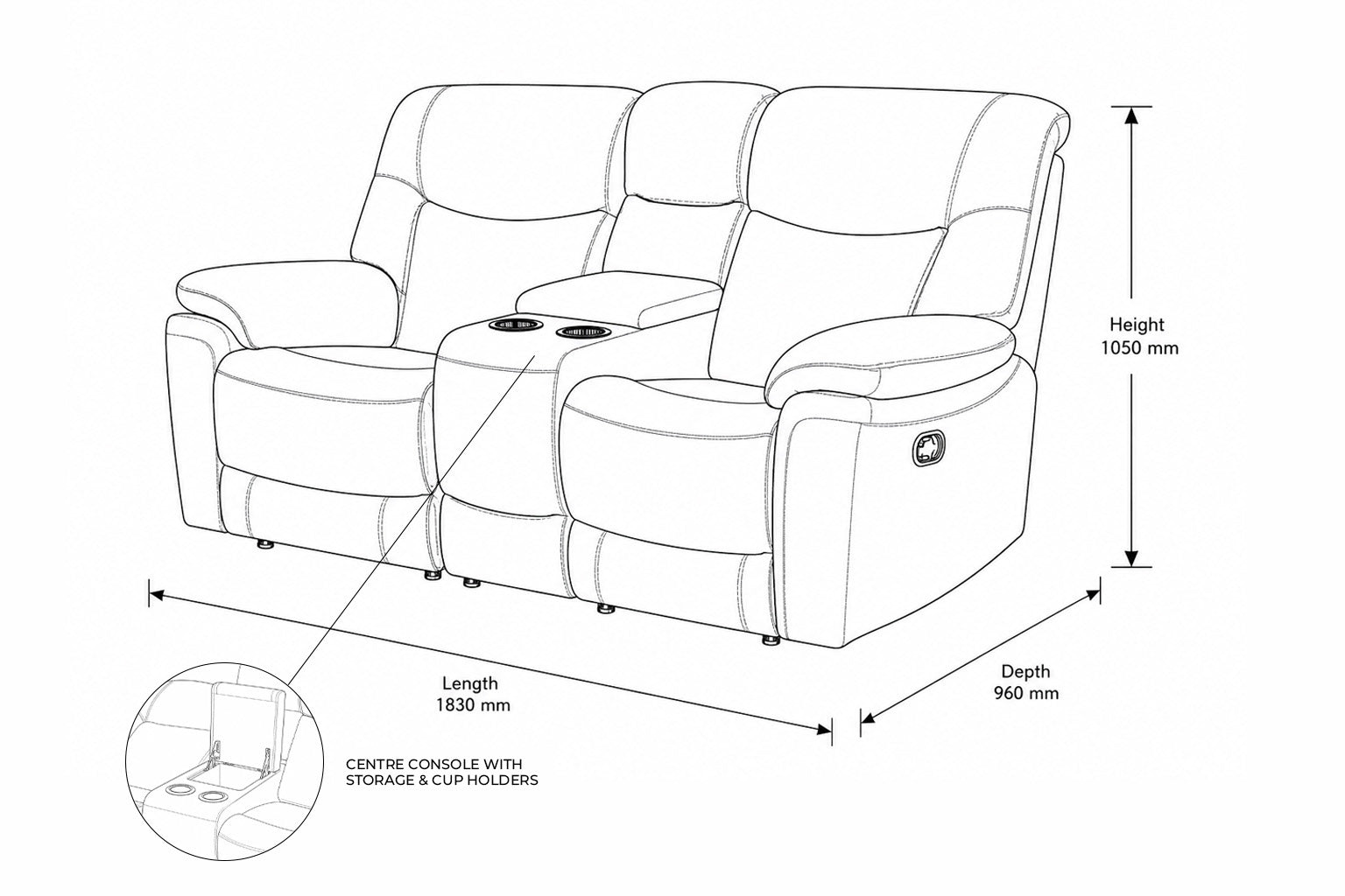 Measurement chart for Chester 2 Seater Home Theatre Leather Recliner