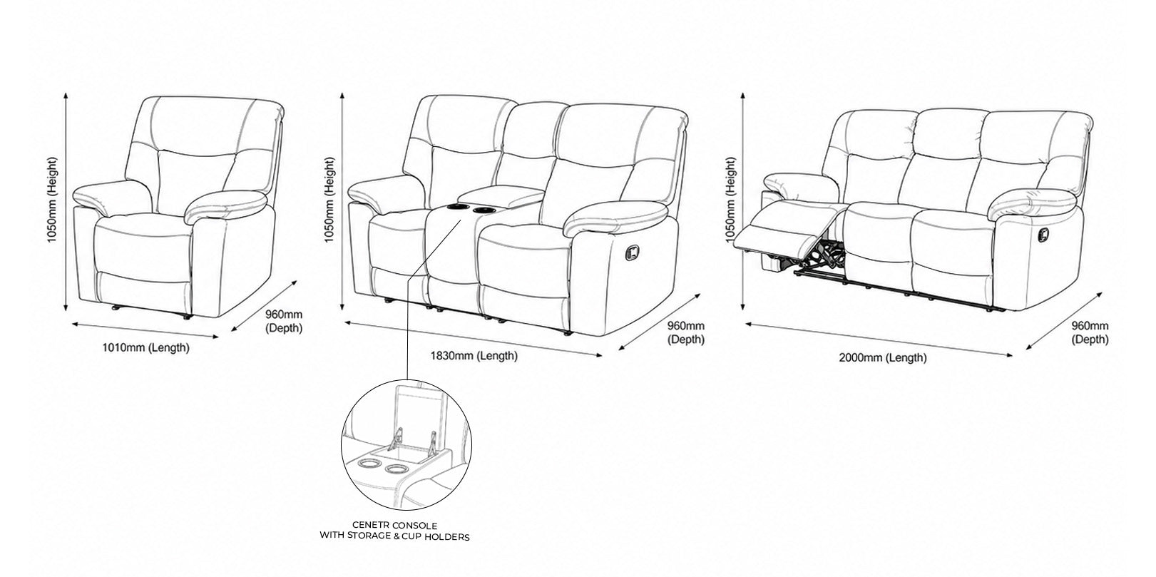 Measurement chart for Chester Leather Home Theatre Suite 3+2+1 - Choc - Warehouse Clearance