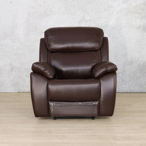 Chocolate leather recliner chair designed for living room comfort with a stylish finish.