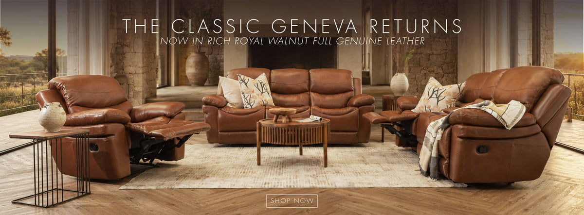 Geneva 3+2+1 Leather Recliner Couches shown in a grand lodge interior. | recliner couches, recliner chair, couches for sale, recliner lounge suite