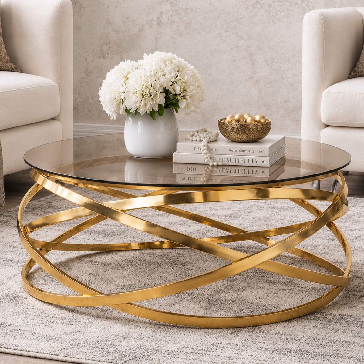 Crystal Coffee Table in Gold, shown in a contemporary living room setup. | coffee tables, glass coffee table, coffee tables for sale