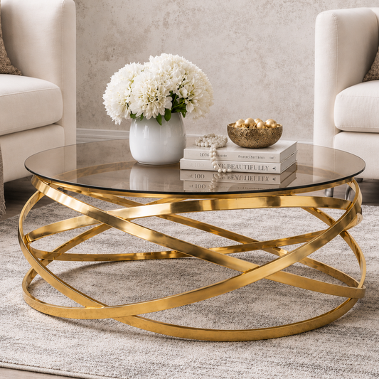 Crystal Coffee Table in Gold, shown in a contemporary living room setup. | coffee tables, glass coffee table, coffee tables for sale