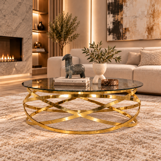 Crystal Coffee Table in Gold, shown in a contemporary living room setup. | coffee tables, glass coffee table, coffee tables for sale