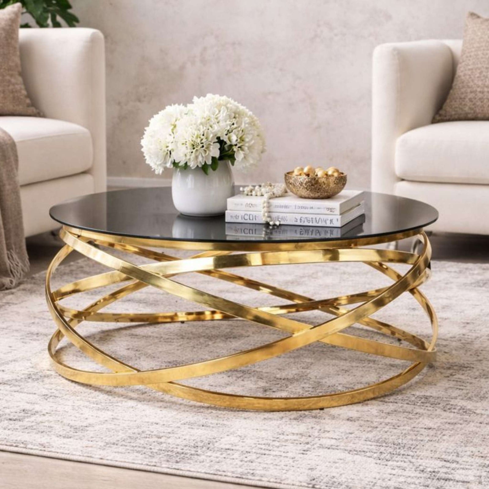 crystal coffee table in gold | Leather Gallery
