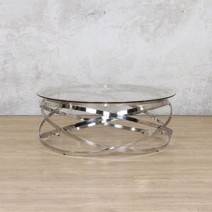 Front view of the Crystal Glass Coffee Table in Silver, featuring a sleek glass tabletop and elegant silver frame.