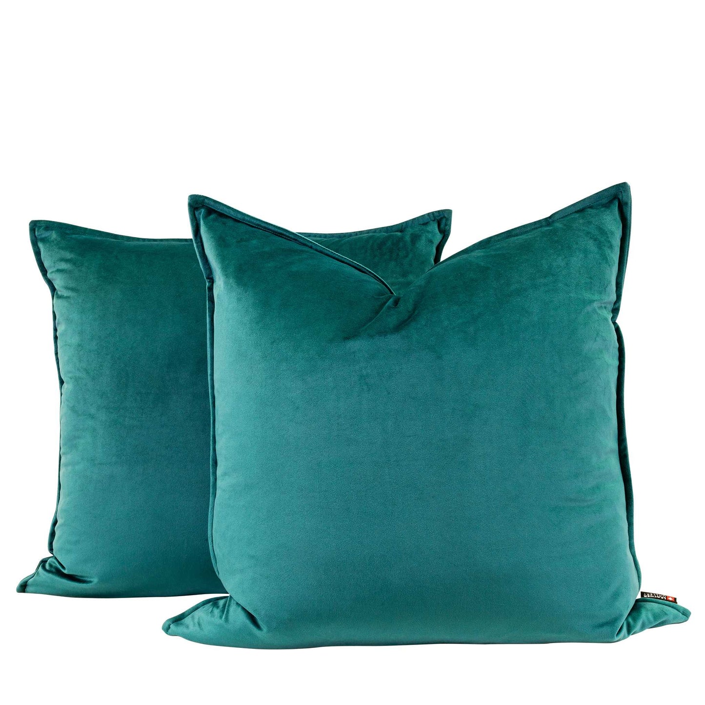 Two luxurious Fluxx Teal sofa cushions made from soft velvet, perfect for layering as decorative lounge cushions. | Leather Gallery Scatter Cushions