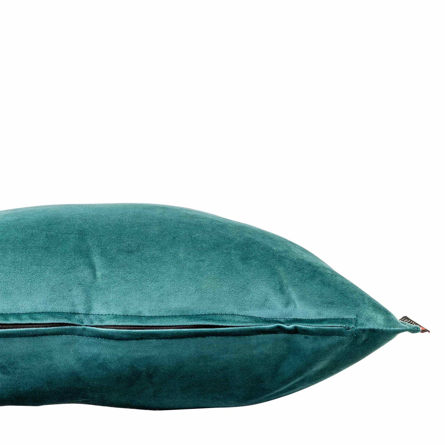 A side view of the Fluxx Teal cushions showing the sleek, hidden zipper track and high-end velvet finish of these scatter cushions. | Leather Gallery Scatter Cushions