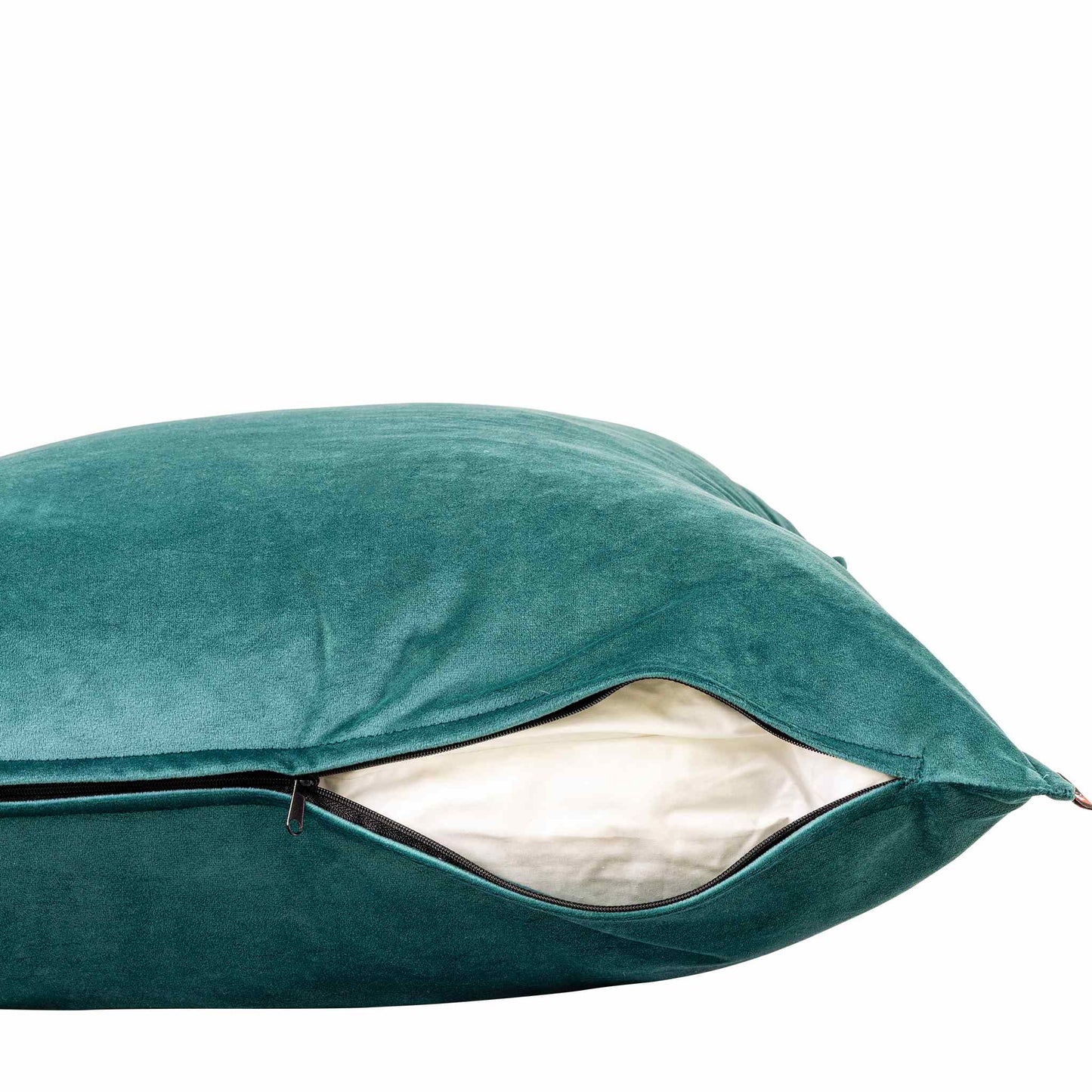 The removable cover of a Fluxx Teal lounge cushion partially unzipped to reveal the thick inner padding, ideal for high-use sofa cushions. | Leather Gallery Scatter Cushions