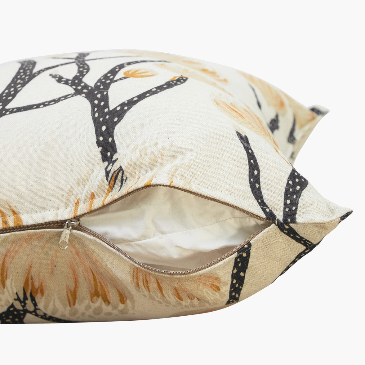 Close-up of the matching zipper on the Fynbos Protea lounge cushions showing the removable cover for easy cleaning and care. | Leather Gallery Scatter Cushions 