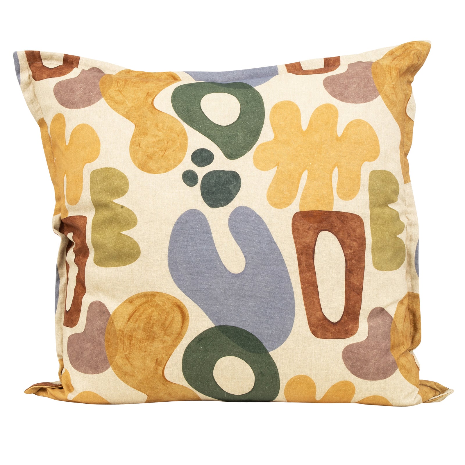 Front view of an Issa Linen scatter cushions design with multi-colored abstract shapes, suitable for use as patio cushions or accent pieces. | Leather Gallery Scatter Cushions