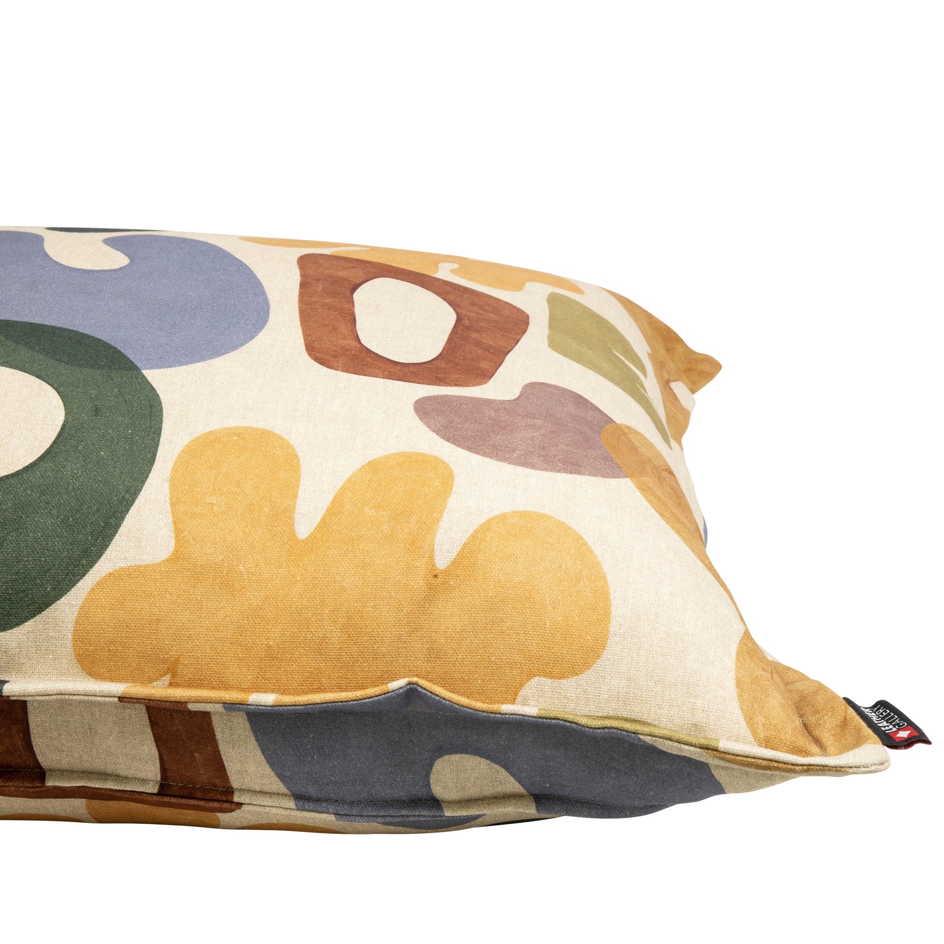 Leather Gallery Issa Linen Cushion, featuring a multicoloured abstract design on a white background.