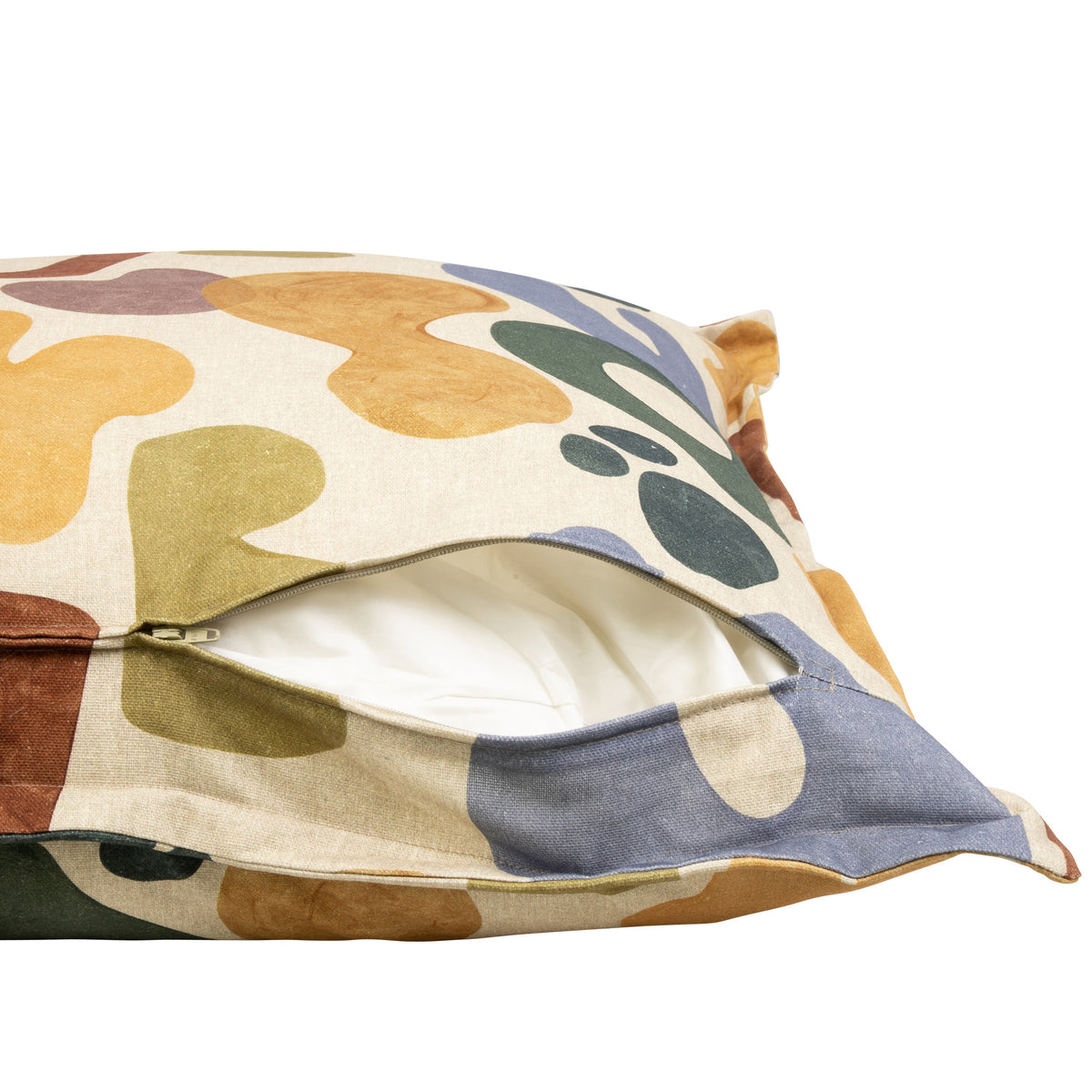 Leather Gallery Issa Linen Cushion, featuring a colourful abstract pattern on a white background.
