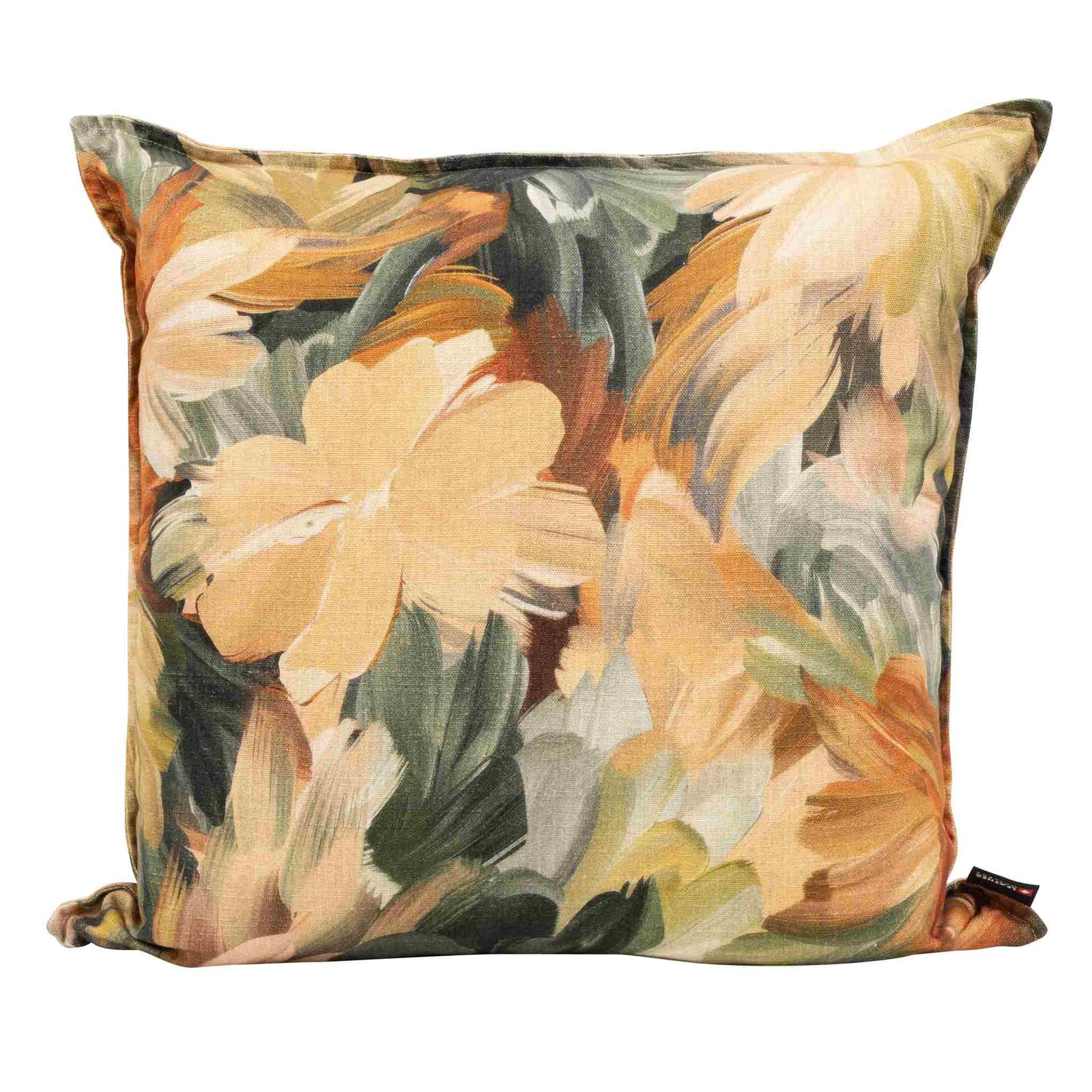 A single square, Majestic Sunrise sofa cushion with a rustic floral print in earth tones, perfect as a decorative chair cushion. | Leather Gallery Scatter Cushions